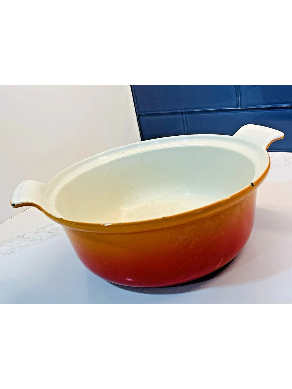 VTG MID MOD DESCOWARE DUTCH OVEN CAST IRON ENAMEL FLAME ORANGE 2QT 17-D 22 N